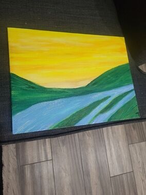 Sunlit River Landscape Canvas Art in Yellow And Crisp Blue Green & Blue & Yellow
